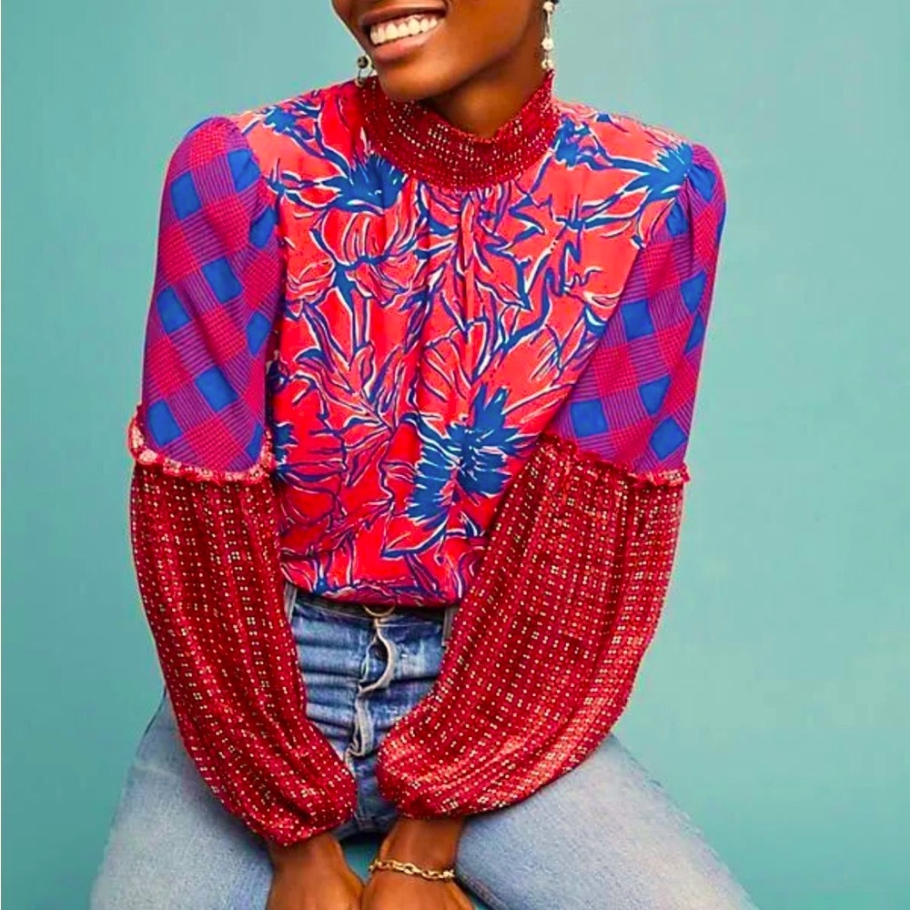 Anthropologie Bl-nk London Vivant Mix Print Red & Blue Mock Neck Peasant Blouse
